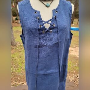 Adrienne Vittadini Linen Blue Pullover Dress with Pockets